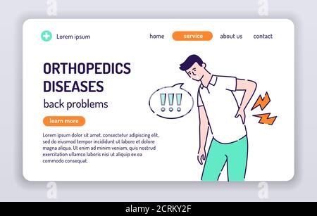 Webbanner für orthopädische Erkrankungen. Mann mit Rückenschmerzen. Isolierte Zeichentrickfigur auf weißem Hintergrund. Konzept für Webseite, Präsentation, smm, Anzeige Stock Vektor