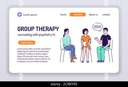Webbanner für Gruppentherapie. Beratung mit Psychologen. Isolierte Comic-Figuren auf weißem Hintergrund. Konzept für Webseite, Präsentation, smm, Anzeige Stock Vektor