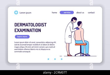 Webbanner zur Untersuchung von Dermatologen. Krankheitsdiagnostik oder Behandlung. Isolierte Zeichentrickfigur auf weißem Hintergrund. Konzept für Webseite, smm Stock Vektor