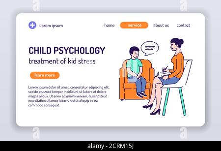 Web-Banner für die Kinderpsychologie. Behandlung von Kinderstress. Isolierte Comic-Figuren auf weißem Hintergrund. Konzept für Webseite, Präsentation, smm, Anzeige Stock Vektor