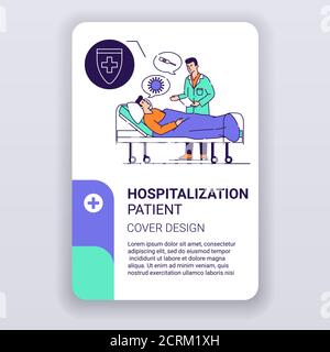 Vorlage für Patientenbroschüre für Krankenhausaufenthalte. Kranke Person ist in einem medizinischen Bettbezug Design. Gesundheitswesen. Print-Design mit linearen Illustrationen Cartoon Stock Vektor
