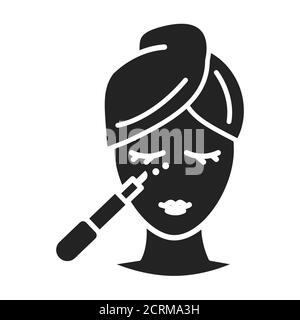 Hautpflege schwarzes Glyphensymbol. Frau mit Augengel Zeichen. SPA, kosmetische Verfahren. Piktogramm für Webseite, mobile App, Promo. UI UX GUI Design Element. Stock Vektor