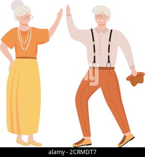 Rentner tanzen flache Vektor-Illustration. Familie im höheren Alter. Altes Paar verbringt Zeit zusammen. Romantischer Zeitvertreib. Rentner in Retro-Kleidung Stock Vektor