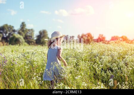 Glückliches kleines Mädchen in Strohhut zu Fuß in den Blumen Feld an einem sonnigen Sommertag Stockfoto