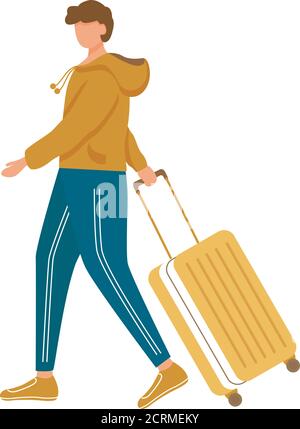 Mann mit Gepäck flache Vektor-Illustration. Urlaubsreise. Männliche Person, die mit Gepäck geht. Junge kaukasische Touristen in Sportkleidung zu Fuß mit Koffer Stock Vektor