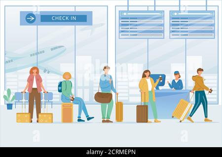Sehen Sie sich die flache Vektorgrafik für die Flughafenzone an. Reisende mit Gepäck bei der Boarding-Registrierung, Abflug Bord. Fluggäste. Reisen Sie mit dem Flugzeug Stock Vektor