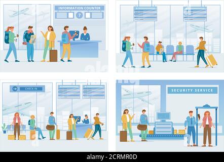 Flughafen Zonen flache Vektor-Illustrationen Set. Informationstheke, Lounge-Bereich, Registrierung, Sicherheitsdienst. Reisende im Flugterminal. Leute gehen Stock Vektor