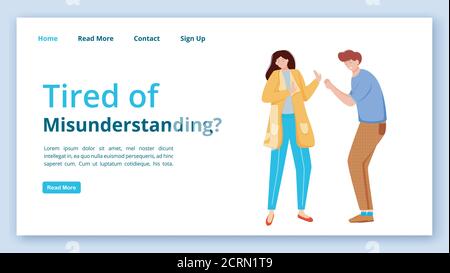 Müde von Missverständnissen Landing Page Vektor Vorlage. Trouble Relationship Website Interface Idee mit flachen Illustrationen. Paar streiten, Konflikt Stock Vektor