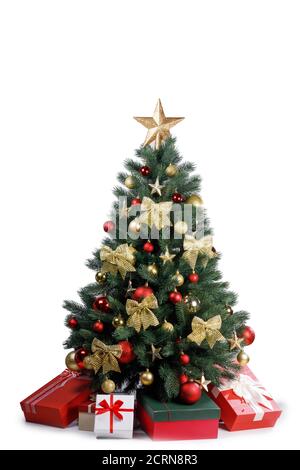 Weihnachtsbaum und Geschenke isoliert auf weißem Hintergrund Stockfoto