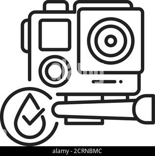 Wasserdichtes Action-Kamera-Symbol mit schwarzer Linie. Wasserabweisendes elektronisches Gerätekonzept. Piktogramm für Webseite, mobile App, Promo. UI UX-Bildschirm. Benutzer Stock Vektor