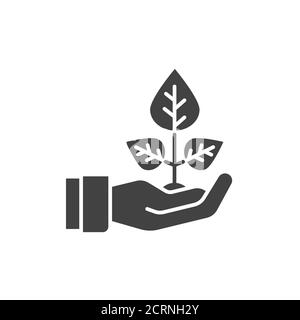 Pflanzliches schwarzes Glyphensymbol. Etikett für kosmetische Naturprodukt Zeichen. Hand hält Kraut. Umweltschutz. Piktogramm für Webseite, mobile App Stock Vektor