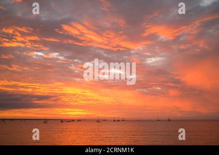 Festgemacht Segelboote und Yachten, in Darwin Hafen bei Sonnenuntergang. Darwin, Northern Territory, Australien. Stockfoto