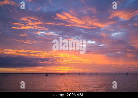 Festgemacht Segelboote und Yachten, in Darwin Hafen bei Sonnenuntergang. Darwin, Northern Territory, Australien. Stockfoto