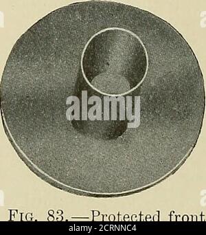 . Radiographie und Radiotherapie . Abb. 82. – Benoist Radiometer. (Siemens.). 83. – geschützte Front für Ficr 82. Die Chiffre auf dieser zeigen den gleichen Grad der Helligkeit wie die Silberfolie, Öffnung zeigt die Härte des Rohres. Eine einfache Form des Benoist Radiometers, mit Schlitzen für Schrauben, können feste RADIOMETER 93 sein Stockfoto