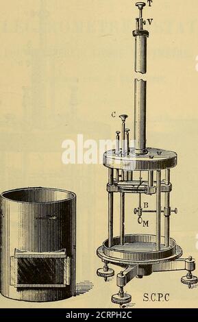 . Oeuvres de Pierre Curie : publiées par les soins de la Société française de physique . aiton ; lamortissement delaiguille est simplement effectué par le frottement de lair entre les secteurs et ilest suffisant (décrément de 6 à 7) ; Lemploi des aimants avait, entre autres incon-vénients, celui de créer des actions directrices dues au léger magnétisme de lai-guille. Une clef de réglage C permet dagir, sans ouvrir la Cage, sur un des secteursen approchant ou en éloignant légèrement de laiguille la paroi supérieure dundes quadrants. CE Mode de réglage, qui permet de corriger les légers défautts Stockfoto