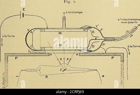 . Oeuvres de Pierre Curie : publiées par les soins de la Société française de physique . quand on utilize, à travers les fenêtres f recouvertesdAluminium mince, une surface denviron 3ocml placée à 6cmde la source / des rayons de Rôntgen. CE courant est assez faible pour quon puisse dire : Tant quonnopère pas dans un gaz raréfié, les rayons secondaires provquentla conductibilité des gaz en y libérant dégales quantés délec-tricité positive et négative. Mais, dans un gaz raréfié, lon voit quelinfluence des charges négatives des rayons secondaires apparaît;alors les rayons X déchargent les corp Stockfoto