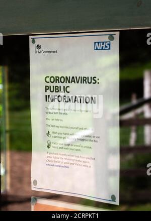 Public Health Notice von NHS und HM Government auf der Anzeige in Fenster im National Trust Arlington Court in North Devon, Großbritannien Stockfoto