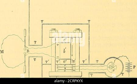 . Oeuvres de Pierre Curie : publiées par les soins de la Société française de physique . objets sont partagés en deux systèmes distincts, presque identiquesentre eux (voir jlg. i théorique). Le système inférieur sert uniquement à mesurer les variationsde pression; il se compose de trois lames de Quartz («, b, c)séparées par deux feuilles métalliques que lon met en communi-cation avec les quadrants dun électromètre e qui accuse lélectri- 4o OEUVRES DE P. CURIE. cité dégagée par les variations de pression subies par les lames dequarz. - CES trois lames sont taillées pechiclairement à laxe é Stockfoto