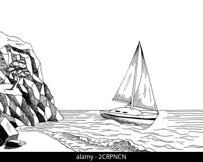 Meer Küste Yacht Grafik Kunst Kiefer schwarz weiß Landschaft Illustration vektor Stock Vektor