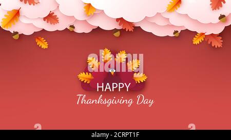 Happy Thanksgiving Grußkarte, Poster, Banner, Flyer. Herbst Hintergrund mit Blättern, Eicheln, Kürbis und niedlichen Cartoon türkei. Vektor Stock Vektor