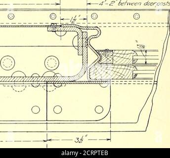 . Die Straße Eisenbahnzeitschrift . die Stelle. Anstelle der üblichen Ventilatoren, bestehend aus Holzflügel mit Glasleuchten, wurden die Fensterläden aus gepresstem Stahl ersetzt. Diese Rollläden werden im gleichen Mann wie die alten Ventilatoren betrieben. In der Tat, mit dem Ausnehmen der Türen, Fensterflügel, Puffer, Matte Streifen und Pelz-Ring-Streifen auf den unteren Deck carlines, kein Holz wurde in der Bau- 4-^ Sehveen Türpfosten © © © o o o o o o tion dieser Autos verwendet. ELIMINATION OFFINISH ABB. 6.- -EINER DER BEIDEN BREITEN MITTLEREN FENSTERPFOSTEN, ZEIGT ANORDNUNG FÜR FLÜGEL UND VORHANGRILLEN %-IN. STAHL GEPRESST UND Stockfoto
