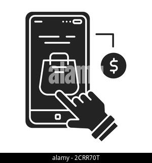 App kaufen schwarzes Glyphensymbol. Bezieht sich auf den Kauf von Waren und Dienstleistungen innerhalb einer Anwendung auf einem mobilen Gerät. UI UX GUI Design Element. Stock Vektor