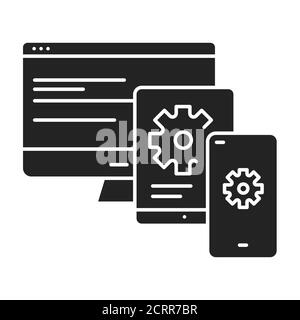 Cross Platform App schwarzes Glyph-Symbol. Bezieht sich auf die Entwicklung von mobilen Apps, die auf mehreren mobilen Plattformen verwendet werden können. UI UX GUI Design Element. Stock Vektor