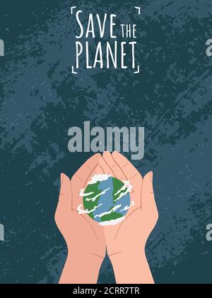 Alles Gute Zum Tag Der Erde! Rette den Planeten. Hand hält Globe Earth auf blauem Hintergrund mit Grunge-Textur. Vector eco Design für Social Poster, Banner oder Karte Stock Vektor