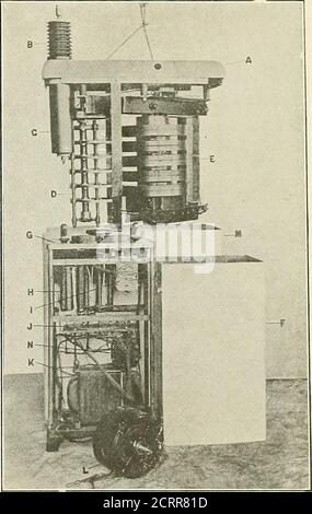 . Die Grundsätze und Praxis der roentgenologischen Technik . Abb. 50.- Umrichtereinheit und Steuerung eingeschlossen. ING Spannung vor dem Einbau in die Maschine. Das Gehäuse oder der Tank ist aus schwerem Stahlblech, genietet, verzinkt und alle Fugen mit Lot geflutet. Die Abdeckung ist aus Gusseisen und die Isolatoren sind Standard-Hochspannporzellan, Buchsen, von denen eine – die Negative – enthält den Transformator, die den Strom zum Filament des Coolidgetube. Das Bedienfeld enthält alle für den Betrieb des Converter erforderlichen Hilfsgeräte, wobei die Steuerung im MOSTC angeordnet ist Stockfoto