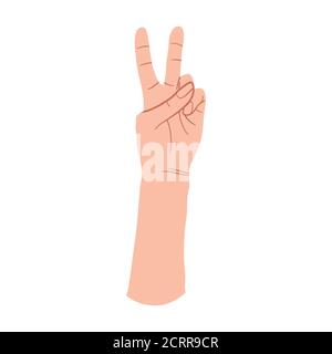 Vektor-Illustration der Victory Hand Geste. Frieden und Liebe Handzeichen. Flache Vektor-Karikaturen Illustration. Isoliert Auf Weißem Hintergrund Stock Vektor