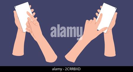 Handsatz, der ein Smartphone mit leerem Bildschirm hält und berührt. Vektor Cartoons flache Sammlung. Hände halten und berühren ein Smartphone.AP einstellen Stock Vektor