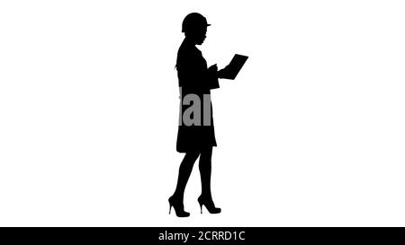 Silhouette Frau Ingenieur mit Tablet und Videokonferenz. Stockfoto