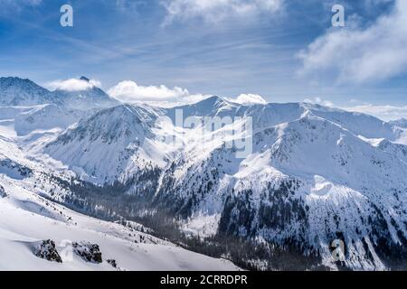 Blick von Kasprowy Wierch auf Kiefernwald mit Winterüberzug im Tal. Schneebedeckte Berggipfel der Tatra, Bukowina Tatrzanska, Polen Stockfoto