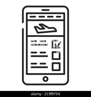 Flugbuchung im Smartphone black line icon. Reservierung von Plätzen in einem Flugzeug in einem Gerät. Piktogramm für Webseite, mobile App, Promo. UI-UX-GUI Stock Vektor