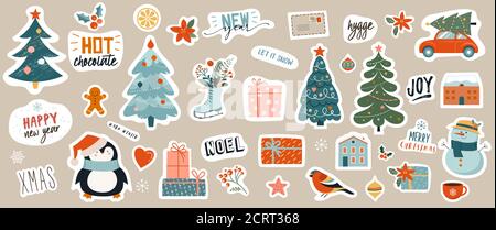 Sammlung von Weihnachtsdekorationen, Weihnachtsgeschenke, Winter gestrickte Wollkleidung, Ingwerbrot, Bäume, Geschenke und Pinguin. Farbenfrohe Vektorgrafik Stock Vektor