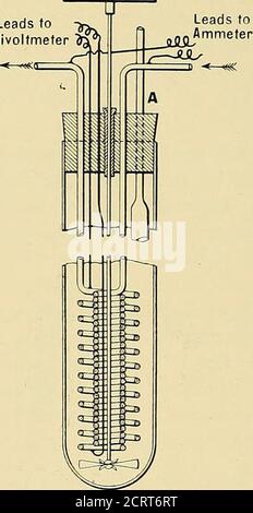. Radioaktivität : eine elementare Abhandlung vom Standpunkt der Desintegrationstheorie. E Kondensation der Eadium-Emanation durch flüssige Luft. Aufstieg der Emanation als Zone von intensiver Leuchtkraft kann in D beobachtet werden, wie der Luftstrom fortgesetzt wird. Die unteren Teile der Leinwand in D, die ganze Spirale, und auch das Wimite in A, leuchten weiter, wegen der unteilbareAktivität, nachdem die Emanation vergangen ist, aber diese Glut verschwindet vollständig im Laufe von ein paar Stunden. Um die Eigenschaften der Emanation zu veranschaulichen, wird ein langer schmaler Tubemay zwischen A und eingefügt. B vor dem Kondensatableiter Stockfoto