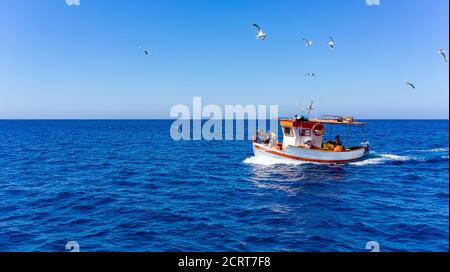 Orange und weiße Fischerboot gefolgt von Möwen auf ägäis. Blauer Himmel und sonniger Tag Stockfoto