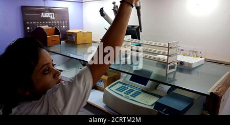 DISTRIKT KATNI, INDIEN - 27. SEPTEMBER 2019: Eine indische Laborantin testet Blutprobe im Pathologielabor in der städtischen Krankenhausabteilung. Stockfoto