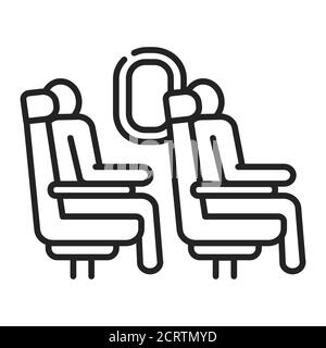 Passagiere sitzen in den Sitzen auf dem schwarzen Liniensymbol des Flugzeugs. Flugzeug Economy Class Innenraum. Piktogramm für Webseite, mobile App, Promo. UI-UX Stock Vektor