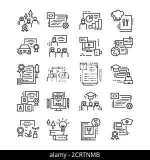 Kurse Training schwarze Linie Symbole gesetzt. In sich selbst investieren. Entwicklung der Fähigkeiten der Mitarbeiter. Piktogramme für Webseite, mobile App. UI UX GUI Design Element Stock Vektor