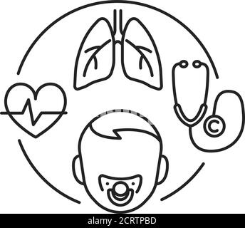 Schwarzes Liniensymbol für pädiatrische Pneumologie. Kontrolle und Behandlung des Atmungssystems bei Kindern. Piktogramm für Webseite, mobile App, Promo. UI UX GUI DESIGN Stock Vektor