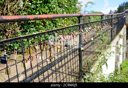 Liebe Locks auf Geländer neben dem Fluss Dart in Totnes. Stockfoto