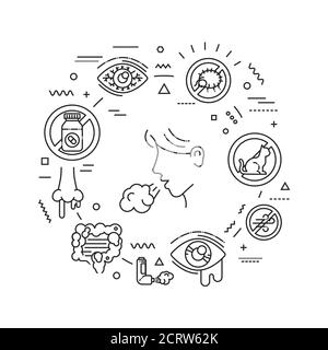 Webbanner zu Allergiesymptomen. Dermatologische, infektiöse Erkrankung. Infografiken mit linearen Symbolen auf weißem Hintergrund. Kreative Idee Konzept. Isoliert Stock Vektor