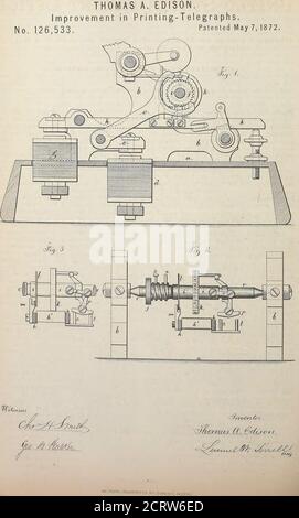 . Sammlung von US-Patenten erteilt an Thomas A. Edison, 1869-1884 . rth. 5. Der Unisono-Anschlag w, aus einem in die Typenradwelle einfahrenden Stift, in Kombination mit der Schnecke V und dem Schwingenarm a2, wie und für die genannten Zwecke. G. der Unison Tripper Z&gt;3, als Gabel hergestellt, in Kombination mit dem Arm a2 und Schraube V, sowie für die genannten Zwecke. 7. Der Papiereinzugsmechanismus, der aus dem Hund 0 und dem Hebel e3 besteht, der durch die Aufwärtsbewegung des Druckhebels und des Haltehundes e5 bewegt wird und in der Nähe der jeweiligen Papierkanten wirkt, wie dargelegt. 8. Das Typenrad und der Eindruck Stockfoto