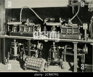 . Die Bell System technische Zeitschrift . m Geschwindigkeit in einem bestimmten Verhältnis zu dem Film, mit dem es synchronisiert ist. Der Recorder mit seinem Schneidewerkzeug oder Stift wird relativ zur Oberfläche der Scheibe bewegt, wobei das übliche Verfahren des Plattenspielers darin besteht, vom äußeren Rand der Scheibe in Richtung der Mitte zu zeichnen, während im westlichen ^einige technische Aspekte des Vitaphons, von P. M. Rainey, Präsentiert auf dem Treffen der Society of Motion Picture Engineers in Norfolk, VA., April 1927. 164 GLOCKE SYSTEM TECHNISCHE JOURNAL Electric Company Theater-System die Richtung des Schneidens ist umgekehrt.nach einer Aufzeichnung hat b Stockfoto