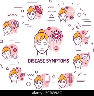 Webbanner zu Krankheitssymptomen. Viruserkrankungen, Erkältungen. Infografiken mit linearen Symbolen auf rosa Hintergrund. Kreative Idee Konzept. Isolierte Umrissfarbe Stock Vektor