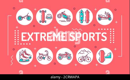 Extreme Sport Schrift Typografie. Aktivitäten, die als mit einem hohen Risiko wahrgenommen werden. Infografiken mit linearen Symbolen auf rosa Hintergrund Stock Vektor