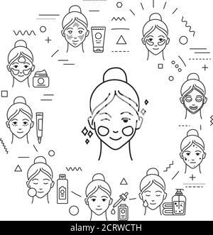 Webbanner für Gesichtsbehandlungen. Weibliche Hautpflege. Reinigung, Straffung, feuchtigkeitsspendende. Infografiken mit linearen Symbolen auf weißem Hintergrund. Kreative Idee Stock Vektor