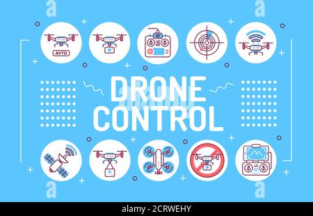 Drohne automatische unbemannte Kontrolle Wort Schrift Typografie. Flugzeuggeräte. Infografiken mit linearen Symbolen auf blauem Hintergrund. Kreative Idee Konzept Stock Vektor