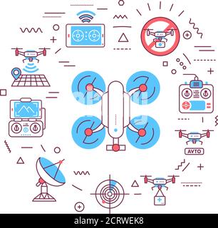 Drohne automatische unbemannte Steuerung Web-Banner. Flugzeuggeräte. Infografiken mit linearen Symbolen auf weißem Hintergrund. Kreative Idee Konzept Stock Vektor